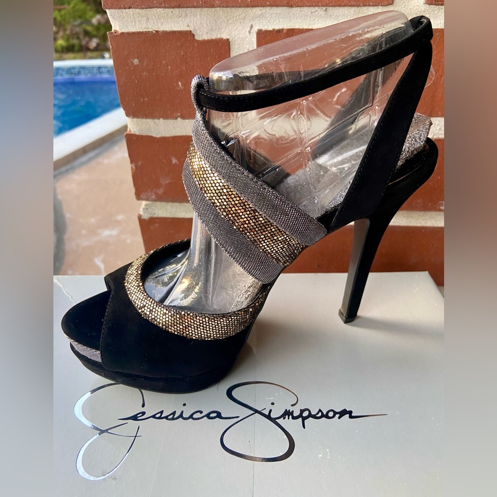 JESSICA SIMPSON BLACK VELVET PLATFORM HEELS  GOLD / SILVER SPARKLE - NEW -  SZ 9